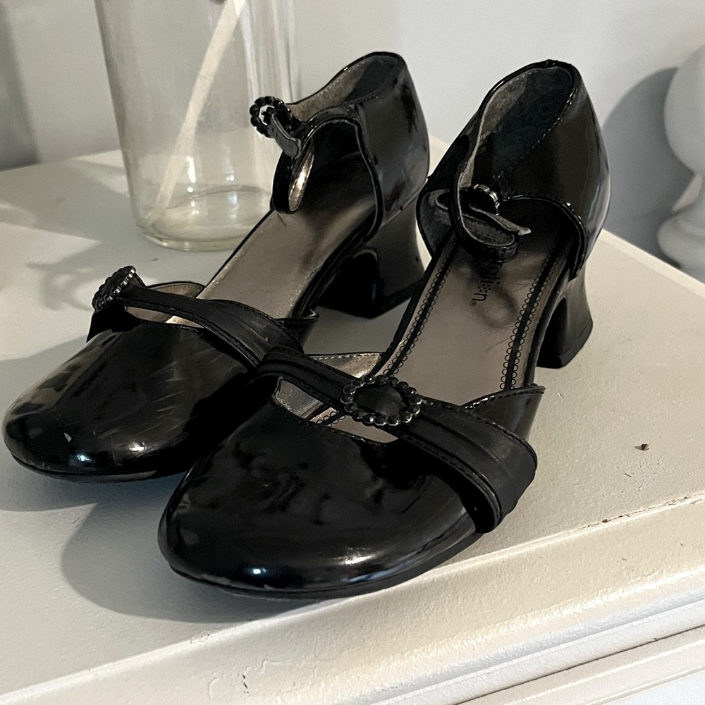 Black Dressy Shoes Chunky Heel Patent Leather Look Girls 4